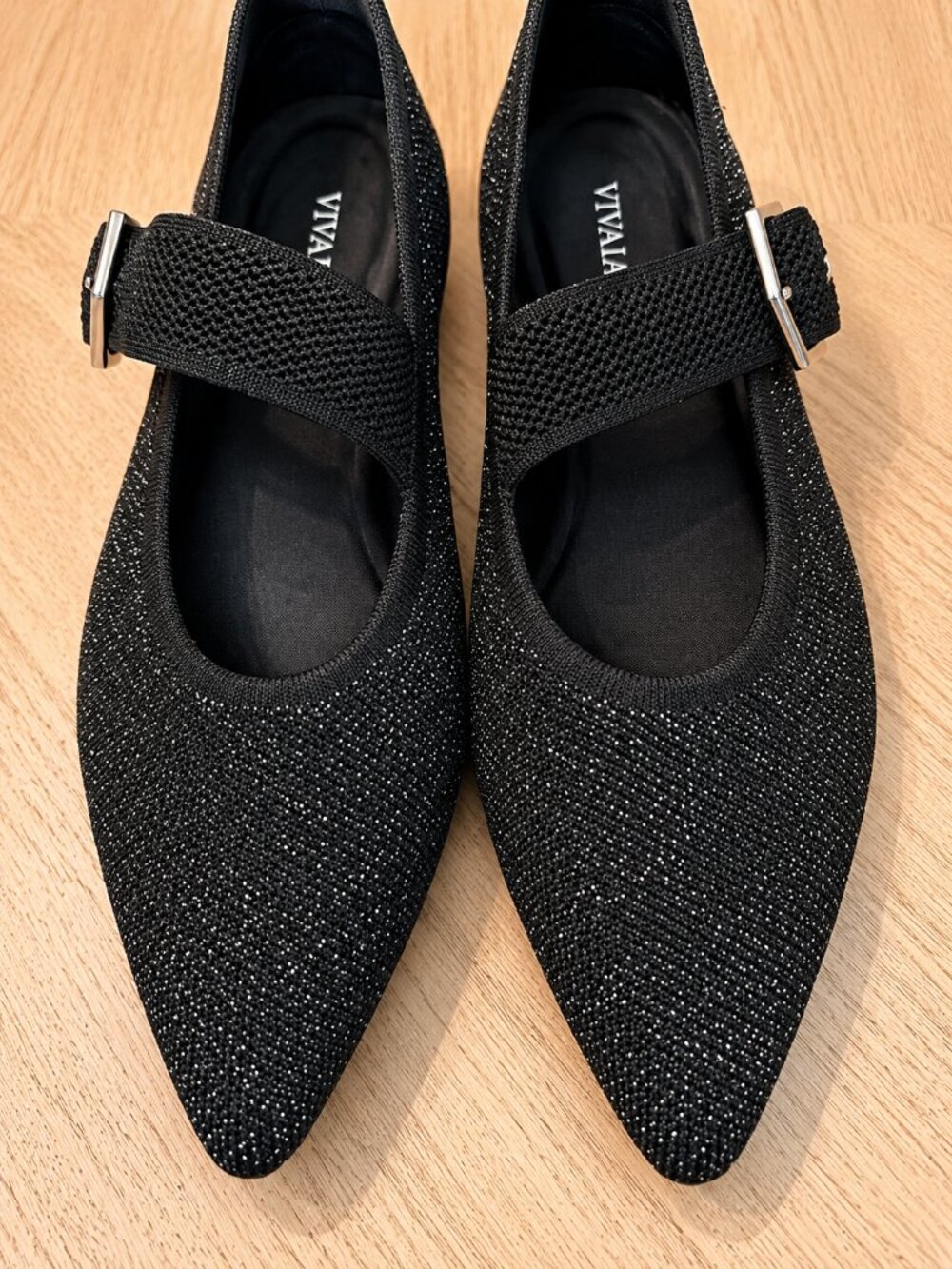 VIVAIA Maria Pointed-Toe Mary Jane Flats Black Glitter Buckle 41.5 = US 10 - Picture 2 of 14
